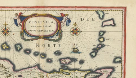 Blaeu Venezuela Map, Decorative Caribbean & Nueva Andalusia Chart 1642, close-up 3