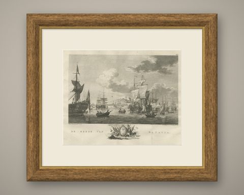 Old Print of VOC Ships in the Sea Near Batavia (Jakarta, Indonesia), 1779, shown framed