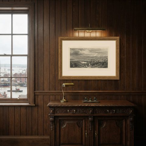 Old Decorative Maritime Print of Ships in an Harbour, Possibly England, C.1860, shown framed in a room