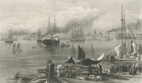New Orleans Harbor, Mississippi River Shipping and Steamers, Engraving ca.1850, close-up 2