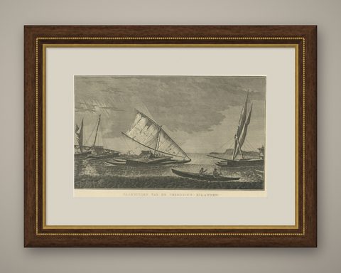 Antique Print of Boats of the Friendly Islands or Tonga, by Cook, c.1801, shown framed
