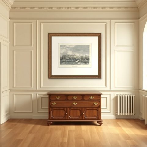 City of Quebec from the Harbour: A Vibrant 19th-Century Maritime Lithograph, shown framed in a room