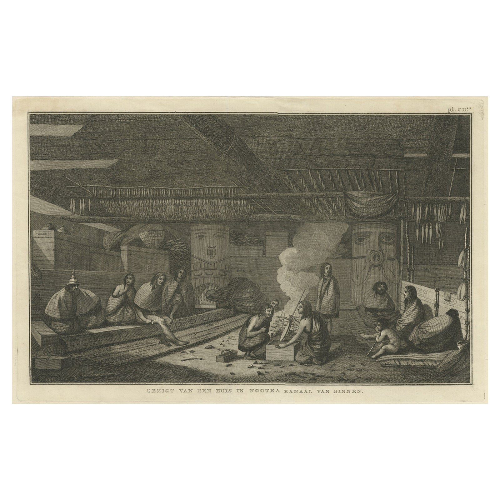 Interior of a Nootka House, Vancouver Island, Cook Voyage Engraving c.1795