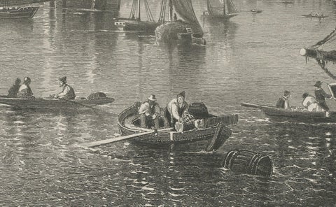 City of Boston, Harbor View from South Boston, Antique Maritime Engraving, 1870, close-up 1