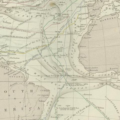 Antique Physical Chart of the Atlantic Ocean by Johnston '1850', close-up 2