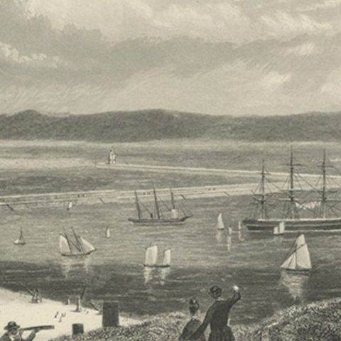 Old Decorative Maritime Print of Ships in an Harbour, Possibly England, C.1860, close-up 3