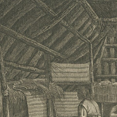 House in Oonalashka, Captain Cook Voyage, after Webber, Engraving, circa 1820, close-up 6