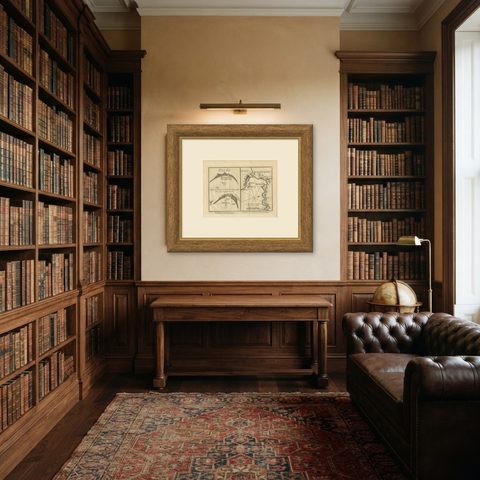 Antique Map of St. Jago, St Mayo and Praya Harbour, Mauritania, Africa, c.1750, shown framed in a room
