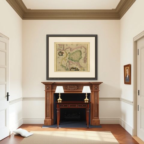 Greenland & North America, Antique Sea Chart by Frederick de Wit, 1745, shown framed in a room