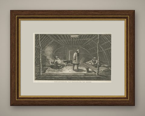 Interior of Winter House, Kamchatka, Cook Voyage Engraving c.1803, shown framed