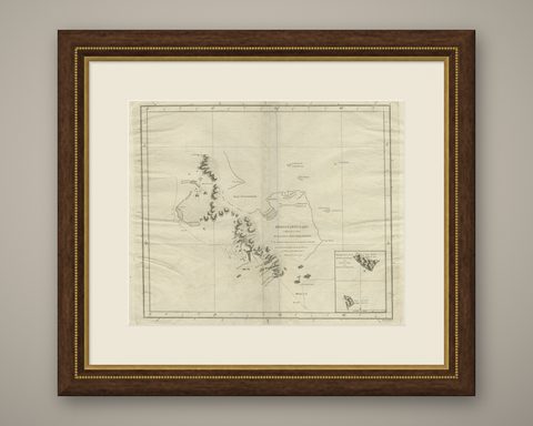 Antique Map of Kerguelens Island Coast in the Indian Ocean by Cook, 1785, shown framed