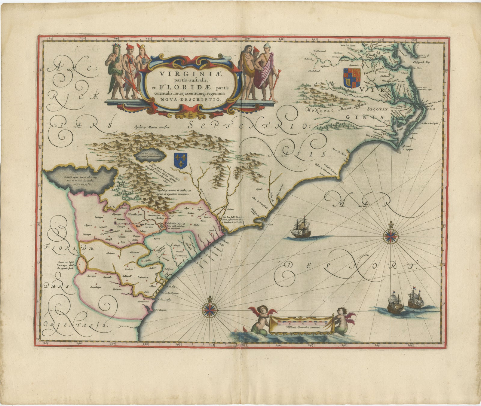 Blaeu Virginia and Florida Map, Decorative Early America Chart, 1642