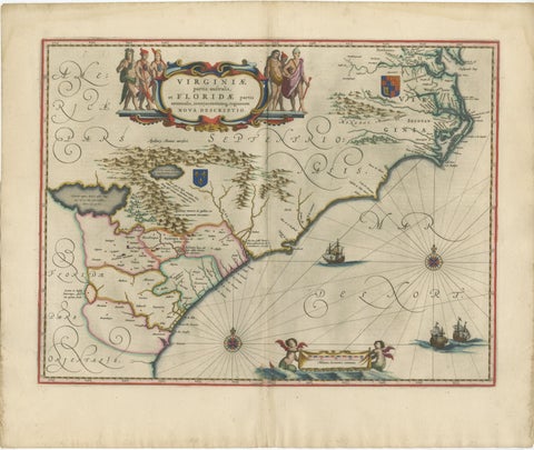 Blaeu Virginia and Florida Map, Decorative Early America Chart, 1642