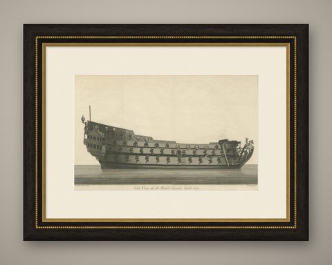 Antique Print with a Side View of the 'Royal Charles' Vessel by Newton '1796', shown framed