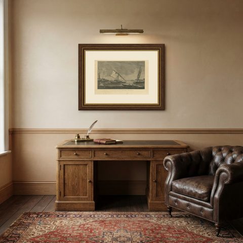 Antique Print of Various Vessels of the Friendly Islands by Cook, 1803, shown framed in a room