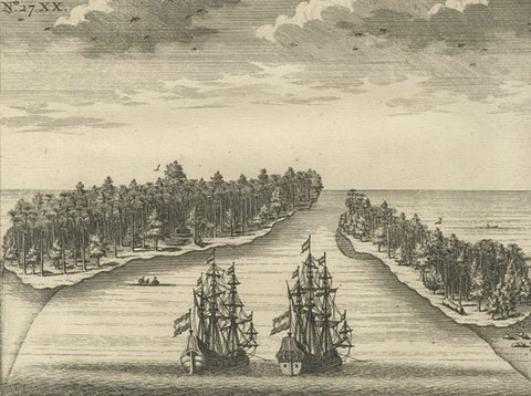 VOC Ships, Native People & Coastal Views of Islands near Papua New Guinea, 1726, close-up 1