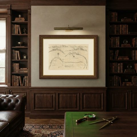 Rare Map of Six Coast Views and Anchorages of Sierra Leone and Indonesia, 1660, shown framed on a wall