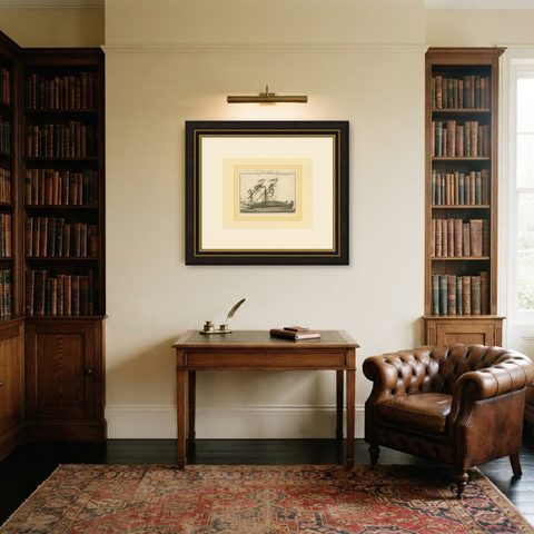 Antique Print of an Anchored Ship by Pluche '1735', shown framed in a room