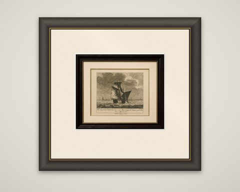 American Privateer Captures an English Packet Boat, 1777 Maritime Engraving, shown framed