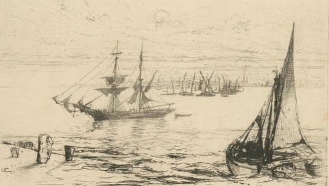 A Brig at Anchor, Thames, Haden, 1870, British Etching Revival, close-up 1