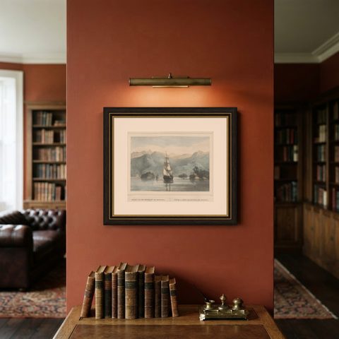 Antique Print of a Ship Near the Coast of Sumatra, Indonesia, c.1845, shown framed on a wall