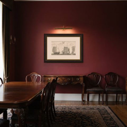 Antique Original Engraving of Chinese Vessels in the 18th Century, 1765, shown framed in a room