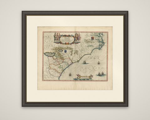 Blaeu Virginia and Florida Map, Decorative Early America Chart, 1642, shown framed