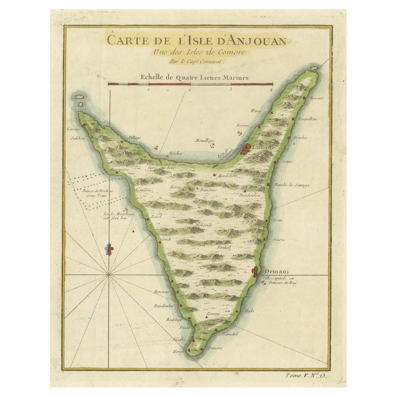 Anjouan Island, Comoros, French Naval Sea Chart by Bellin, c.1765
