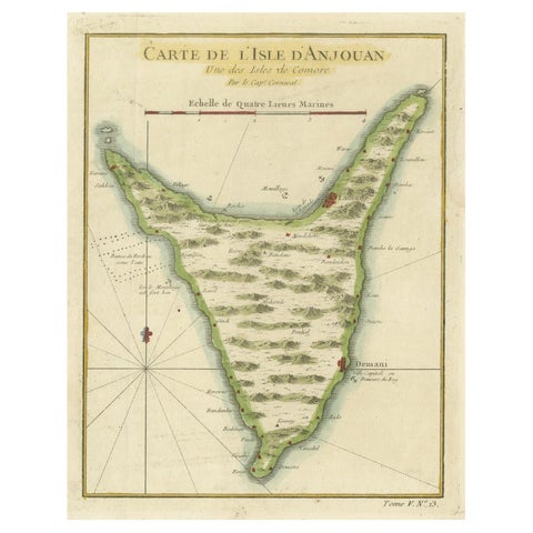 Anjouan Island, Comoros, French Naval Sea Chart by Bellin, c.1765