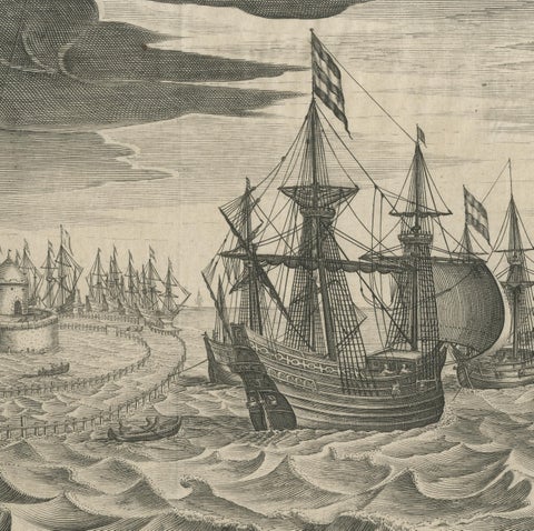 Antique Print of a Fleet of Nine Ships Departing to the East Indies '1603', view 2