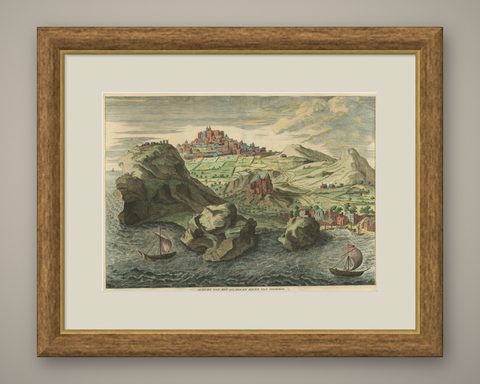 Old Engraving the City and Harbour of Pathmos, Patmos or Patimo in Greece, 1725, shown framed