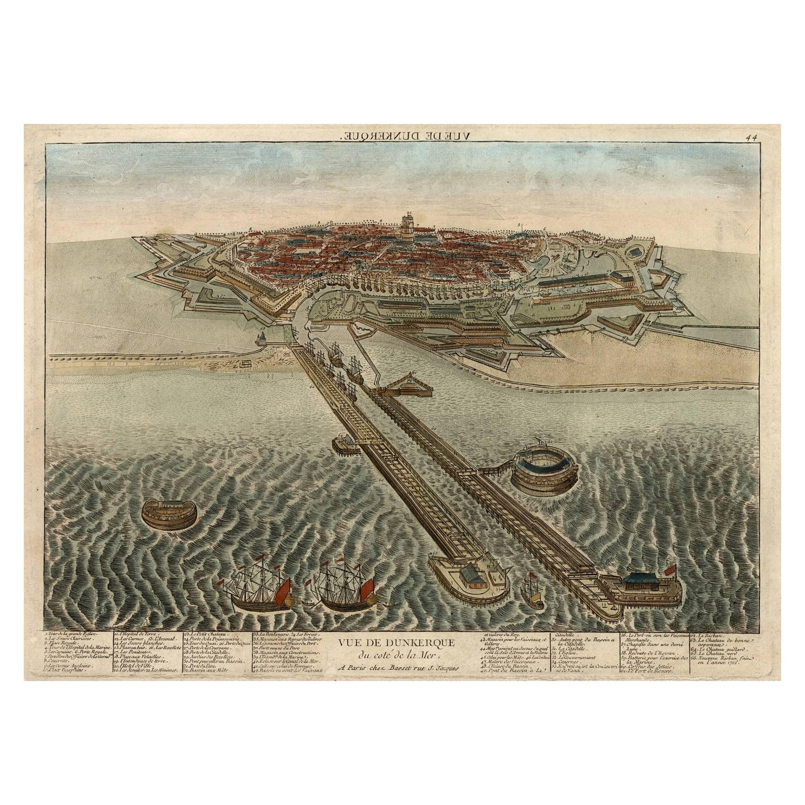 Spectacular 1770 Bird's-Eye View of Dunkirk Harbor by Basset, with 66 Landmarks