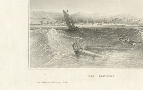 Antique Engraving of Rio de Janeiro, Harbor View by Schröder & Kunike, 1830s, close-up 3