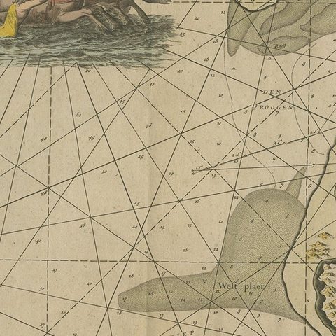 Original Antique Sea Chart of the Maas 'or Meuse' River with Neptunes, 1684, close-up 3