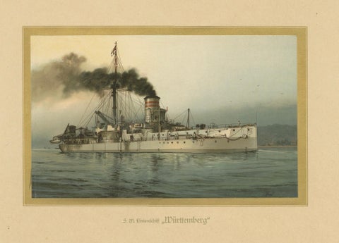 SMS Württemberg: German Coastal Defense Ship in Chromolithograph by Hugo Graf, close-up 1