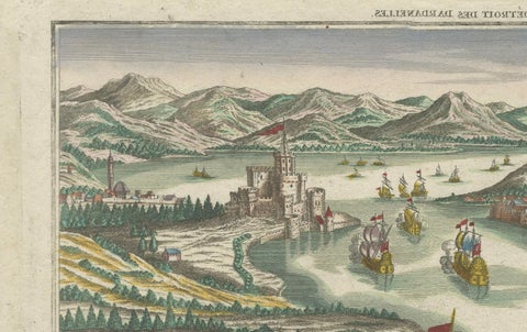 Dardanelles Strait, Ottoman Turkey, Probst Optical View with Ships, c.1770, close-up 1