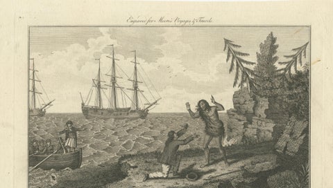 Moskito Men Reunion, Juan Fernandez Island, Dampier Voyage Engraving, ca.1789, close-up 5