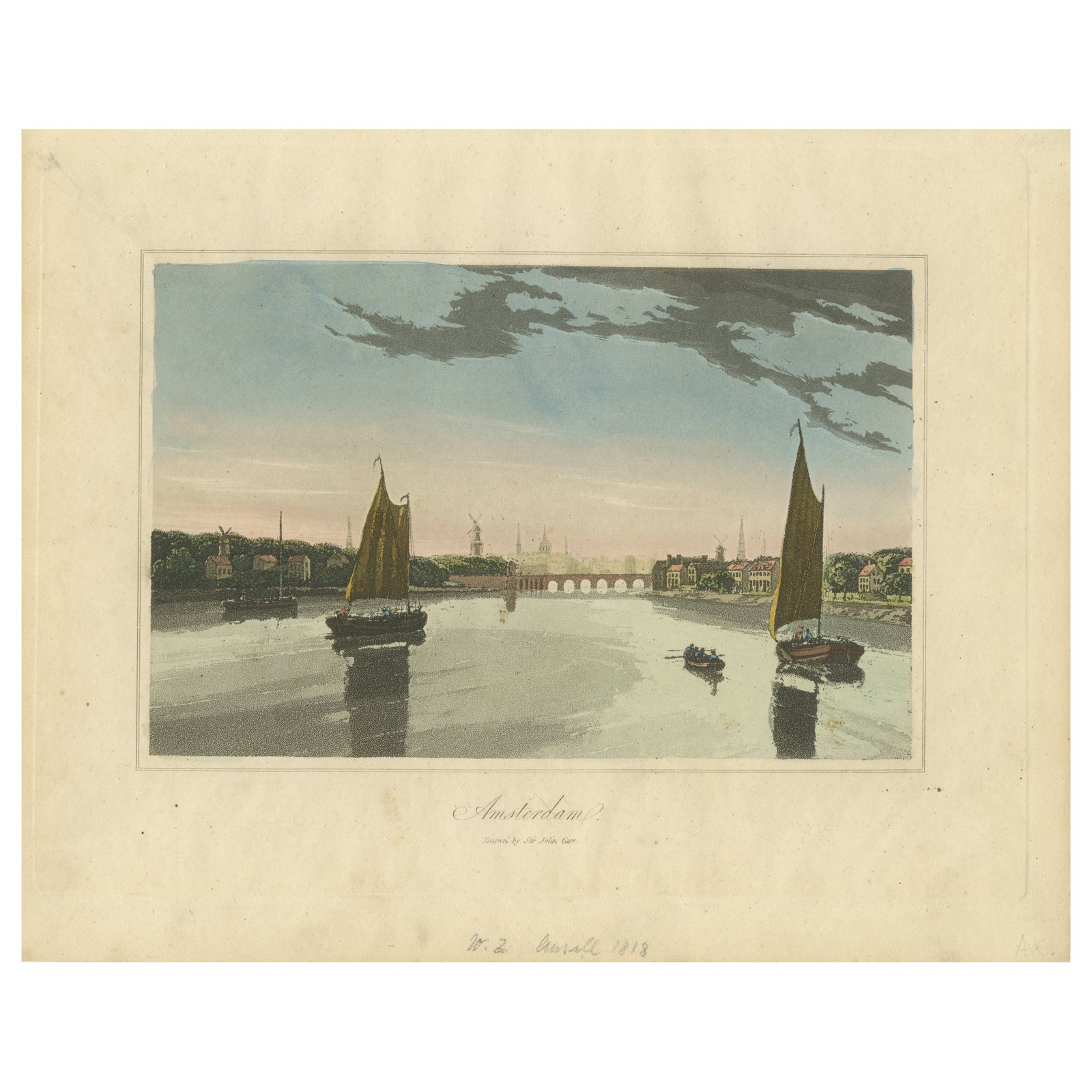 Antique View of Amsterdam with Sailing Boats, Hand-Colored Print c.1818