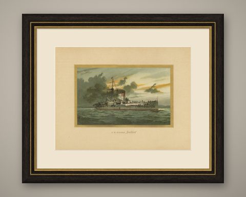 SMS Sachsen: Pioneering German Coastal Defense Ship, 1903 Chromolithograph, shown framed
