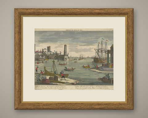 Lisbon Harbour View, Optical Print of Port and Tagus River c.1780, shown framed