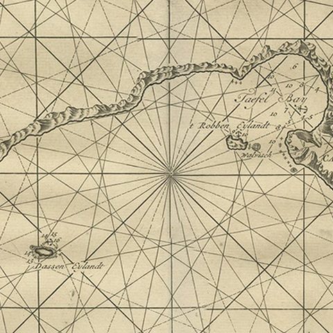 Sea Chart Titled 'Baya de Saldanha' with Robben Island in South Africa, 1726, close-up 2