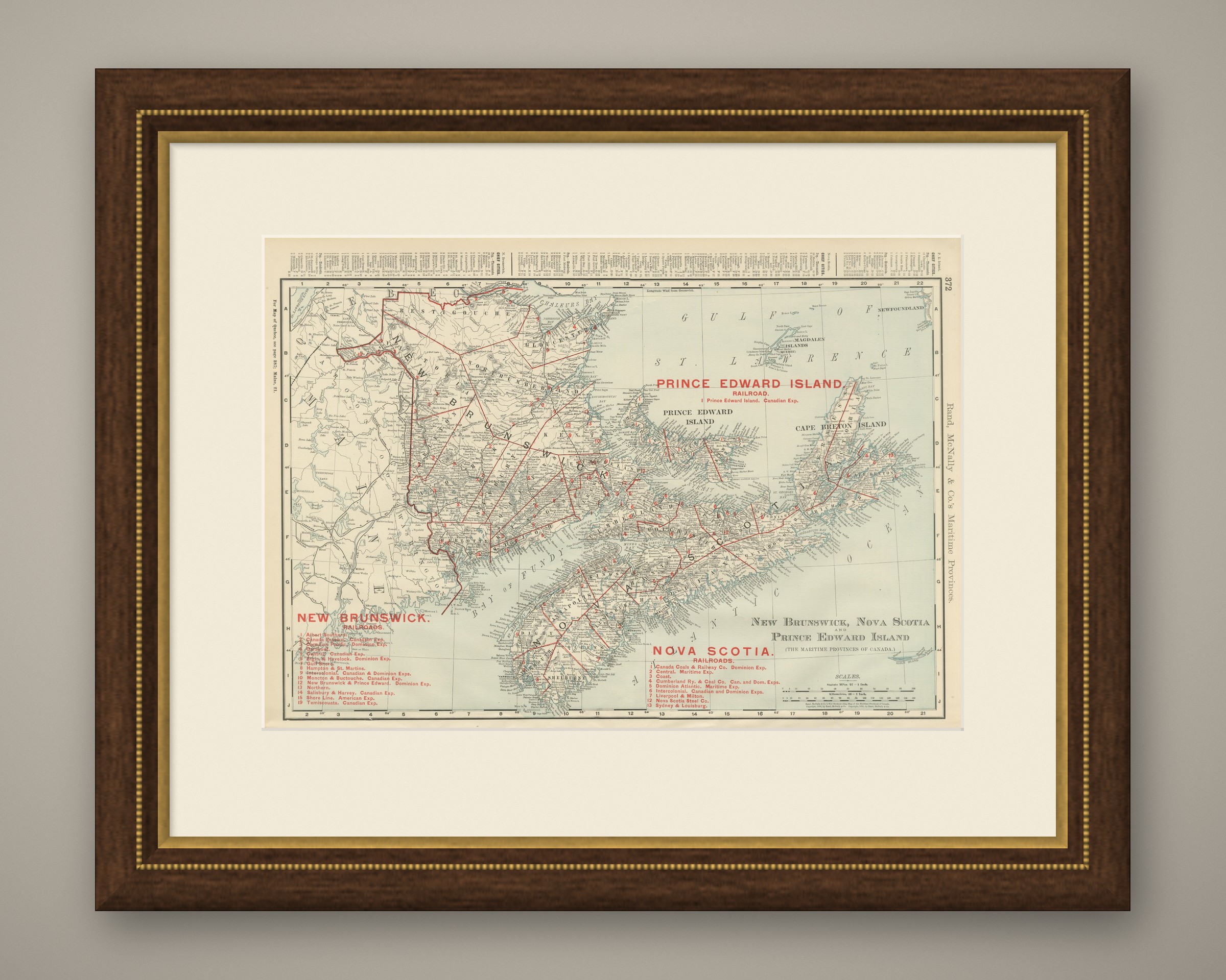 Antique Maritimes Map, New Brunswick, Nova Scotia and Prince Edward Island, 1899, shown framed