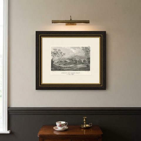 Original Lithograph with a Scene of a Village and Harbour in New Guinea, c.1836, shown framed on a wall