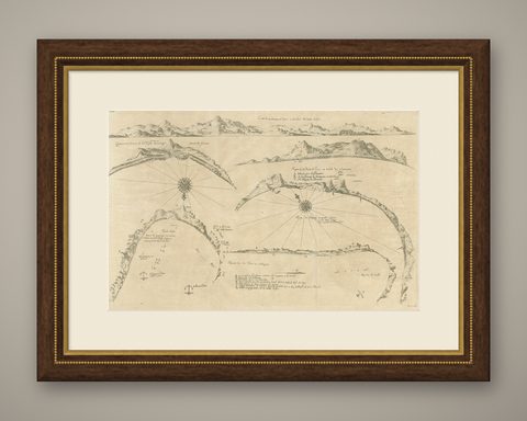 Rare Map of Six Coast Views and Anchorages of Sierra Leone and Indonesia, 1660, shown framed