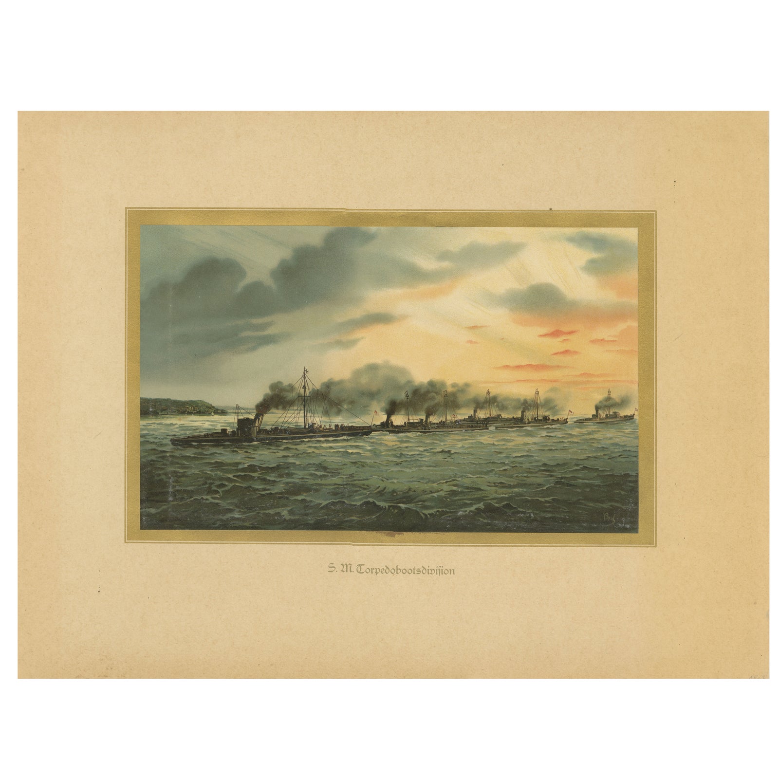 German Torpedo Boat Division at Sea, 1903 Chromolithograph by Hugo Graf