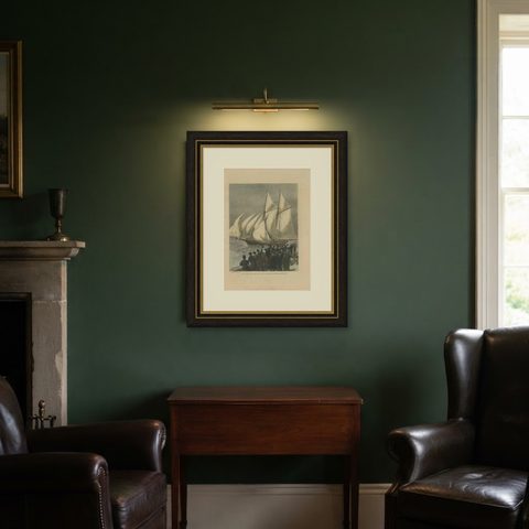 Antique Boat Print of the Sappho Rounding the Vectis by the Graphic, 1870, shown framed in a room
