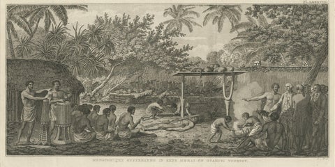 Human Sacrifice in a Morai, Tahiti, Cook Voyage Engraving c.1795, close-up 1