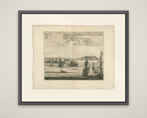 Rare View of Olinda Pernambuco Brazil and Dutch Fleet, 1671, shown framed