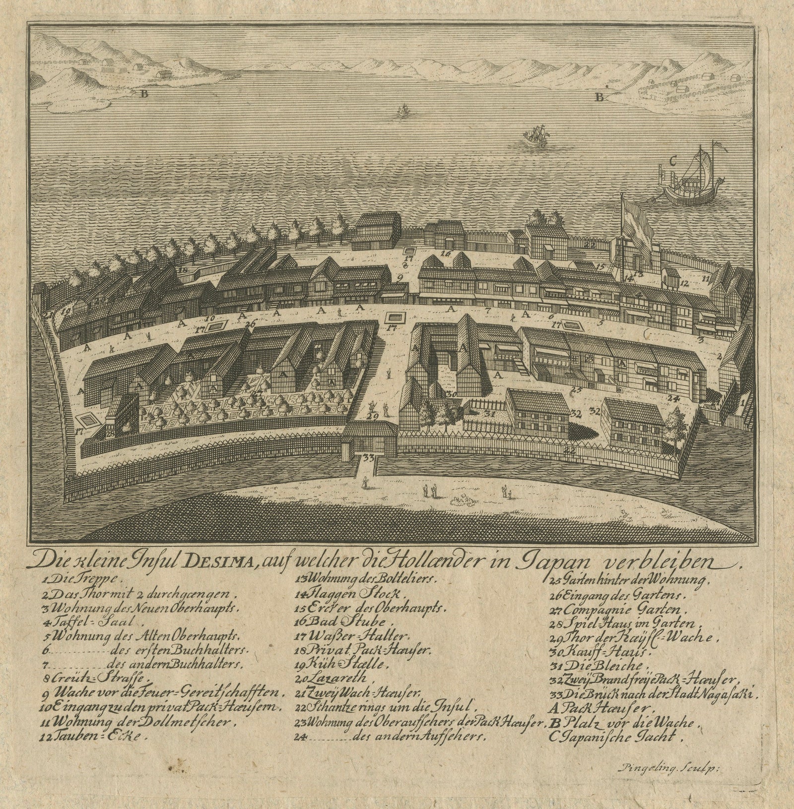 Dejima (Desima) Dutch Trading Post, Nagasaki Japan, VOC Engraving, 1736