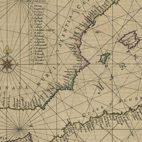 Original Antique Engraving of a Sea Chart of the Western Mediterranean, ca.1650, close-up 1